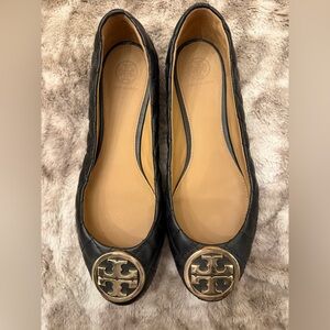 Tory Burch Reva Black Quilted Leather Ballet Flats with Gold Hardware